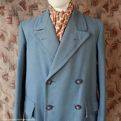 Vintage Mens 1940s 1950s Double Breasted Overcoat Coat Marled Sea Green Blue Wool DB 38"