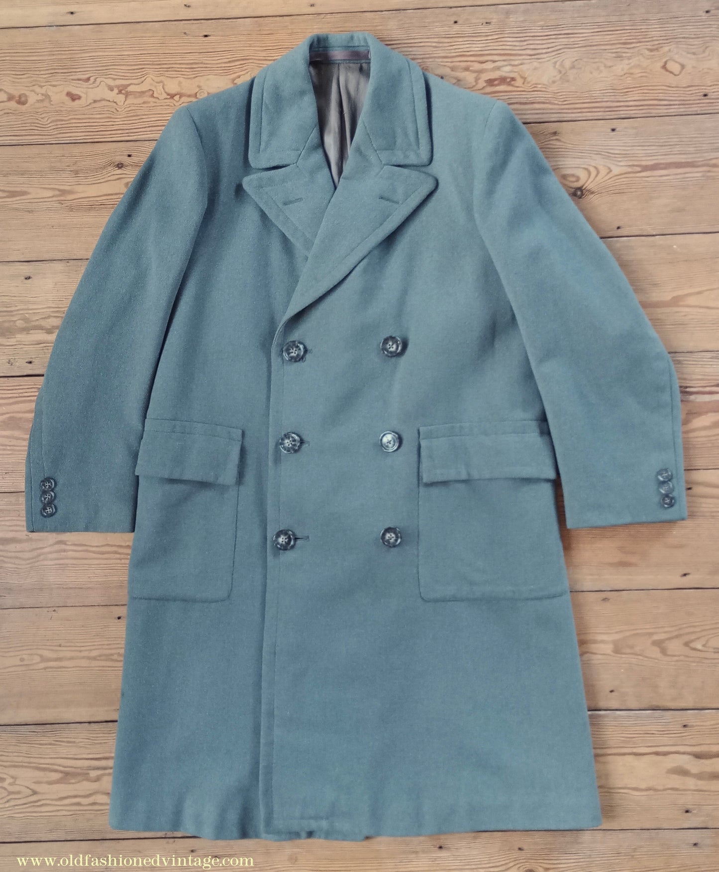 Vintage Mens 1940s 1950s Double Breasted Overcoat Coat Marled Sea Green Blue Wool DB 38"