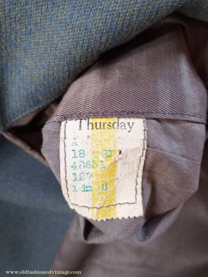 Vintage Mens 1940s 1950s Double Breasted Overcoat Coat Marled Sea Green Blue Wool DB 38"