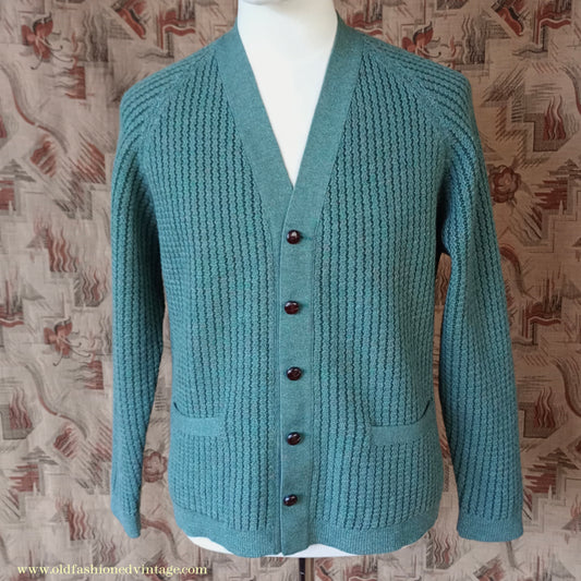 Vintage Mens 1950s 1960s Jaeger Cardigan Sweater Ribbed Raglan Sleeves Lovat Green Wool 38