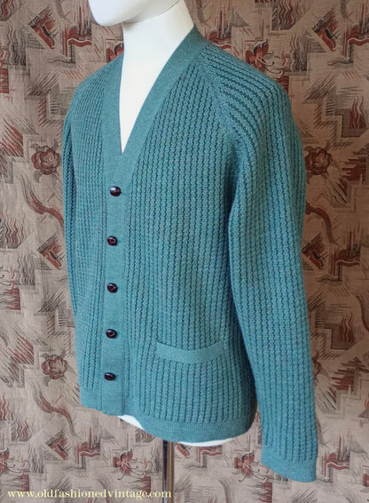 Vintage Mens 1950s 1960s Jaeger Cardigan Sweater Ribbed Raglan Sleeves Lovat Green Wool 38