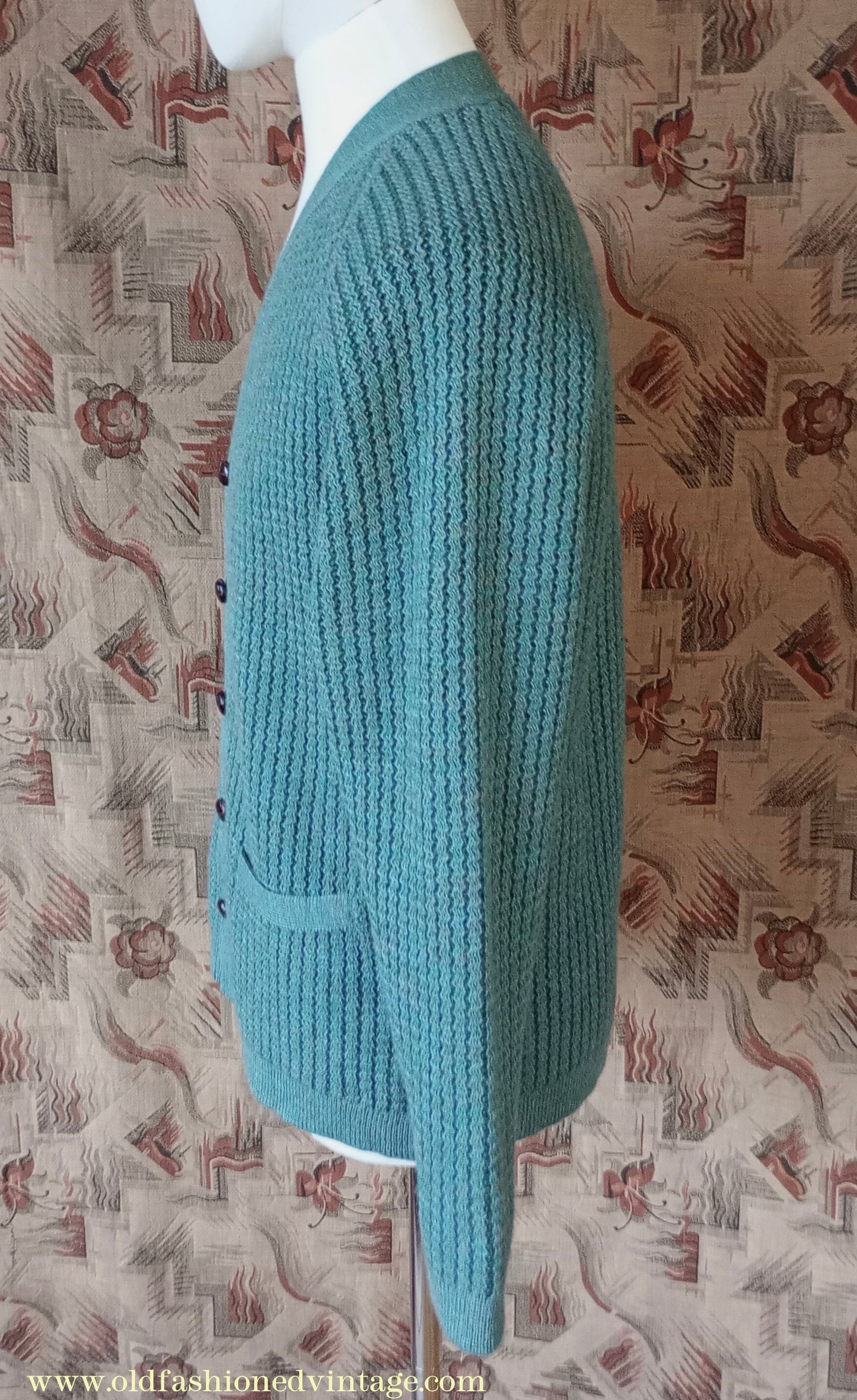 Vintage Mens 1950s 1960s Jaeger Cardigan Sweater Ribbed Raglan Sleeves Lovat Green Wool 38