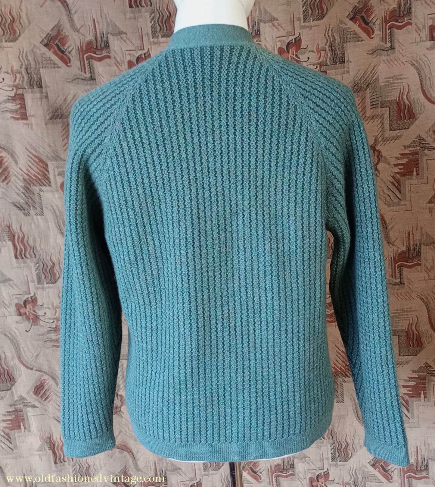Vintage Mens 1950s 1960s Jaeger Cardigan Sweater Ribbed Raglan Sleeves Lovat Green Wool 38
