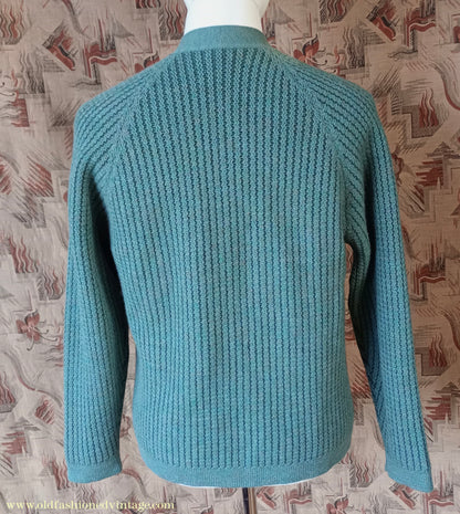 Vintage Mens 1950s 1960s Jaeger Cardigan Sweater Ribbed Raglan Sleeves Lovat Green Wool 38