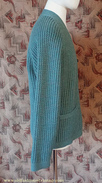 Vintage Mens 1950s 1960s Jaeger Cardigan Sweater Ribbed Raglan Sleeves Lovat Green Wool 38