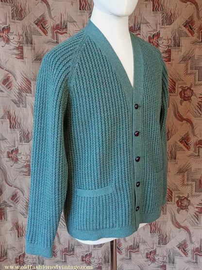 Vintage Mens 1950s 1960s Jaeger Cardigan Sweater Ribbed Raglan Sleeves Lovat Green Wool 38