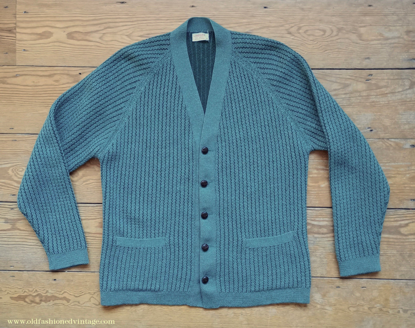 Vintage Mens 1950s 1960s Jaeger Cardigan Sweater Ribbed Raglan Sleeves Lovat Green Wool 38