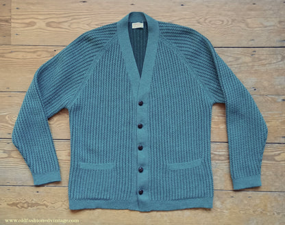 Vintage Mens 1950s 1960s Jaeger Cardigan Sweater Ribbed Raglan Sleeves Lovat Green Wool 38