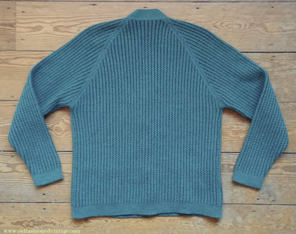 Vintage Mens 1950s 1960s Jaeger Cardigan Sweater Ribbed Raglan Sleeves Lovat Green Wool 38