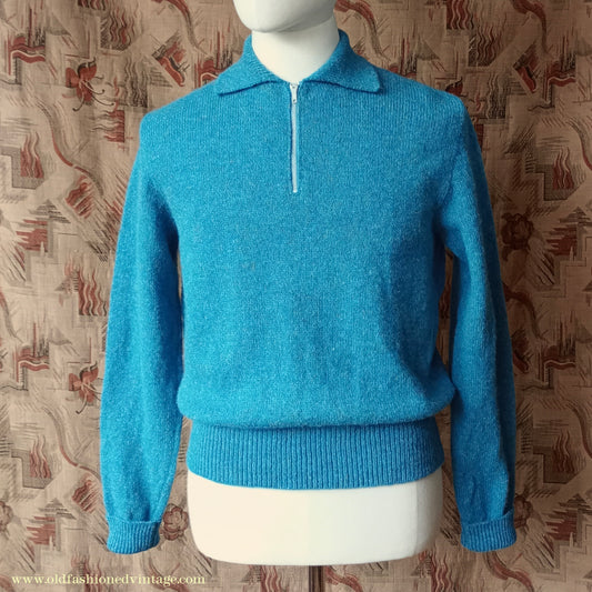 Old Fashioned Garments Vintage Reproduction 1940s Mens Zip Neck Jumper Azure Blue Polo Collar Sweater Lumberjacket M