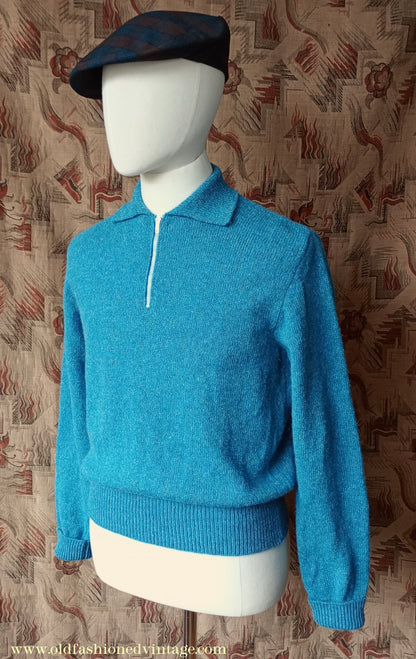 Old Fashioned Garments Vintage Reproduction 1940s Mens Zip Neck Jumper Azure Blue Polo Collar Sweater Lumberjacket M