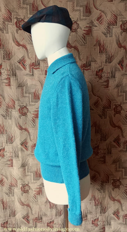 Old Fashioned Garments Vintage Reproduction 1940s Mens Zip Neck Jumper Azure Blue Polo Collar Sweater Lumberjacket M
