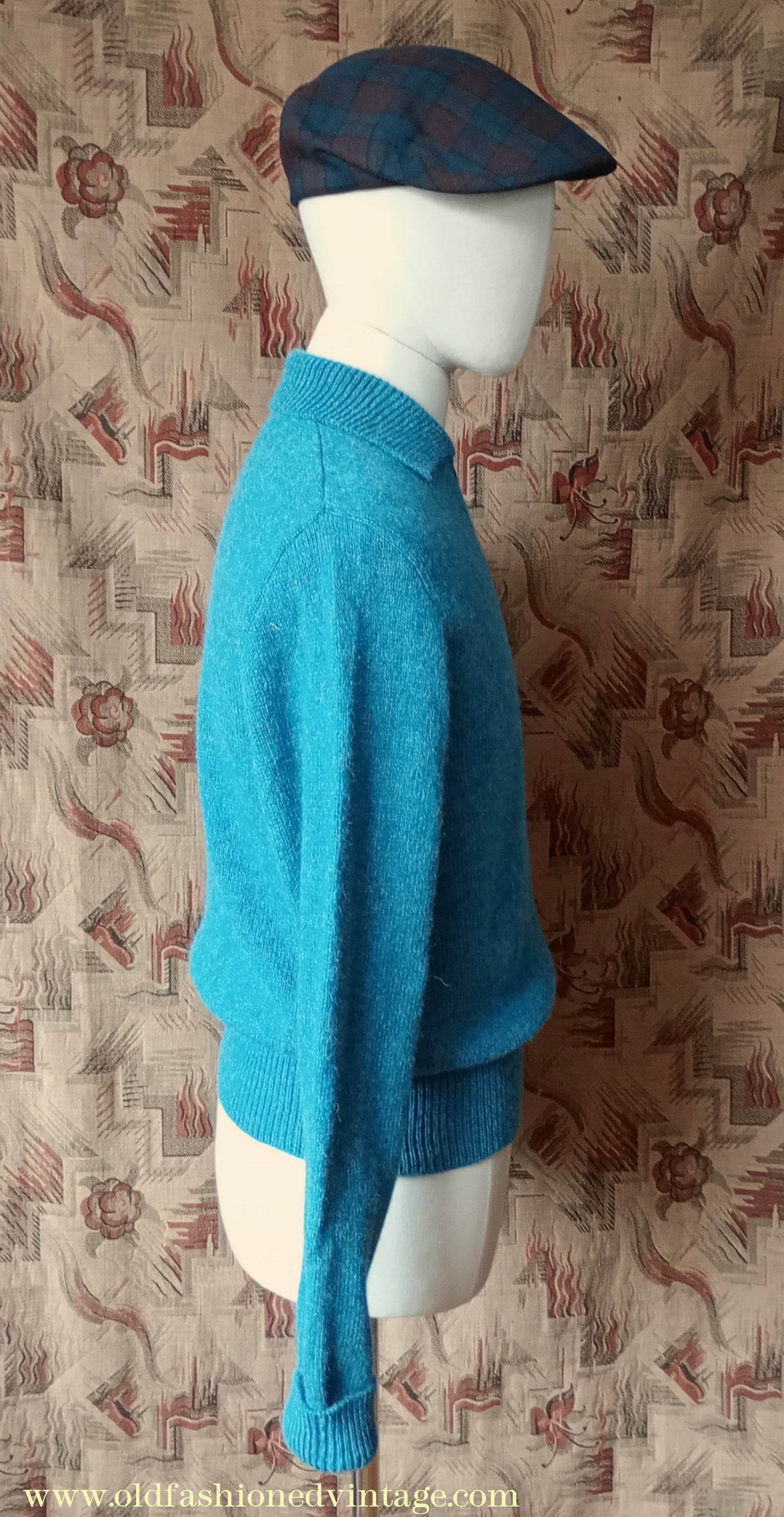 Old Fashioned Garments Vintage Reproduction 1940s Mens Zip Neck Jumper Azure Blue Polo Collar Sweater Lumberjacket M