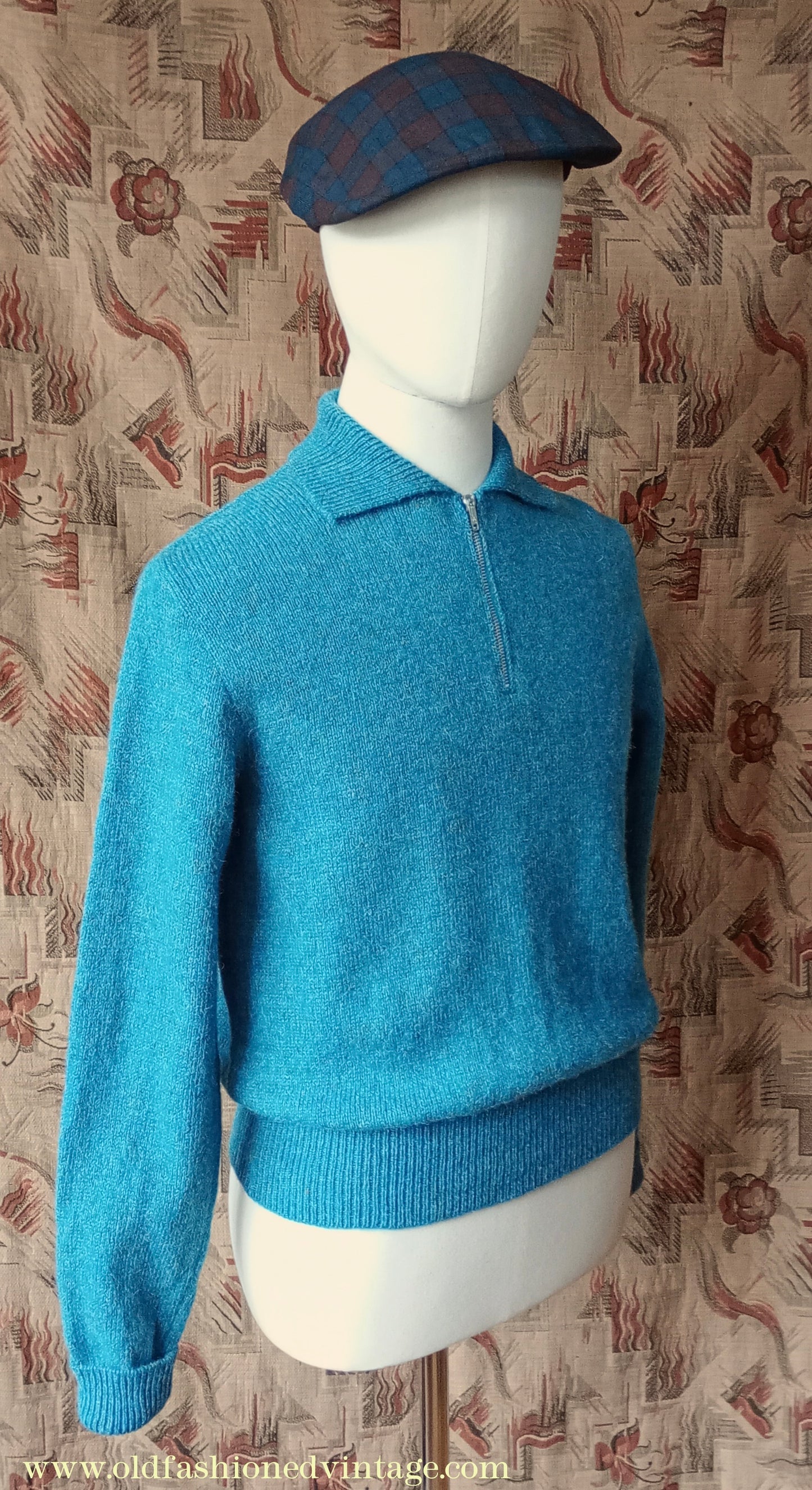 Old Fashioned Garments Vintage Reproduction 1940s Mens Zip Neck Jumper Azure Blue Polo Collar Sweater Lumberjacket M