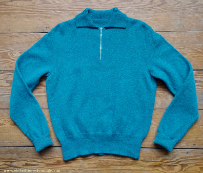 Old Fashioned Garments Vintage Reproduction 1940s Mens Zip Neck Jumper Azure Blue Polo Collar Sweater Lumberjacket M