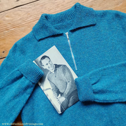 Old Fashioned Garments Vintage Reproduction 1940s Mens Zip Neck Jumper Azure Blue Polo Collar Sweater Lumberjacket M