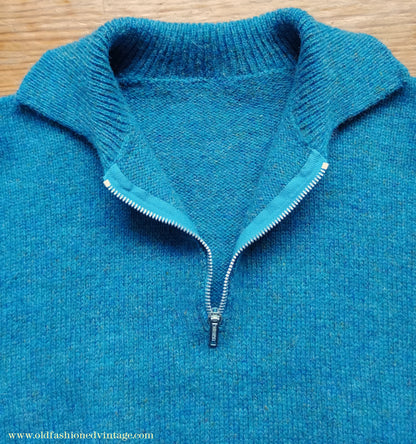 Old Fashioned Garments Vintage Reproduction 1940s Mens Zip Neck Jumper Azure Blue Polo Collar Sweater Lumberjacket M