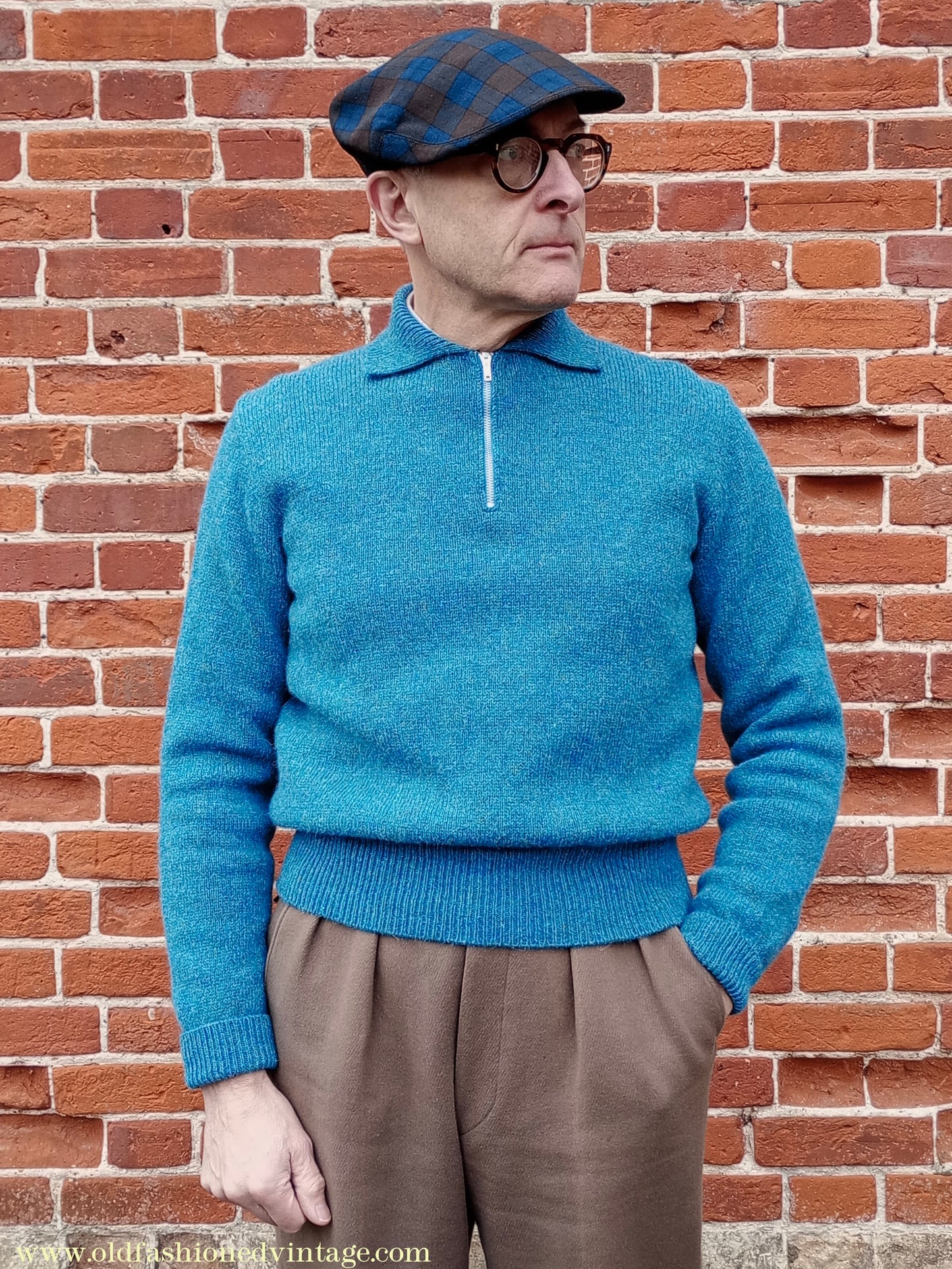 Old Fashioned Garments Vintage Reproduction 1940s Mens Zip Neck Jumper Azure Blue Polo Collar Sweater Lumberjacket M