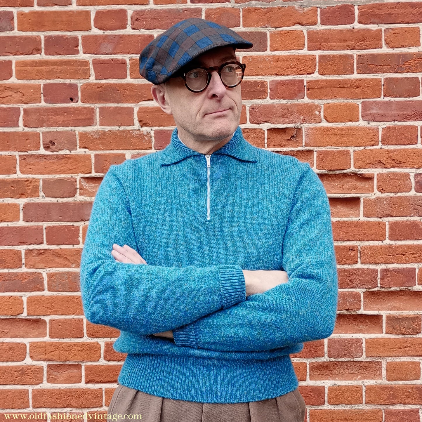 Old Fashioned Garments Vintage Reproduction 1940s Mens Zip Neck Jumper Azure Blue Polo Collar Sweater Lumberjacket M