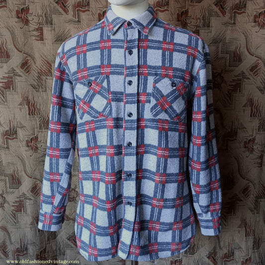 Vintage Mens 1960s Romanian Work Shirt Grey Red Black Checked Plaid Cotton Flannel M