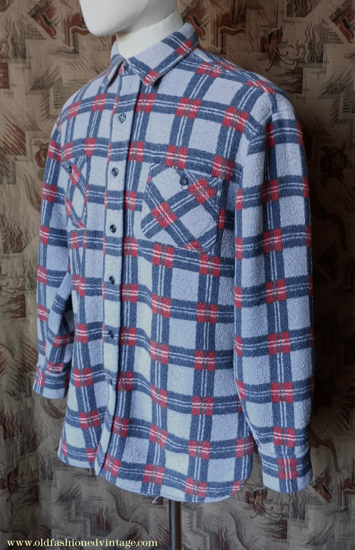 Vintage Mens 1960s Romanian Work Shirt Grey Red Black Checked Plaid Cotton Flannel M