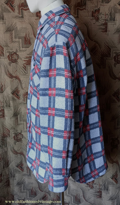 Vintage Mens 1960s Romanian Work Shirt Grey Red Black Checked Plaid Cotton Flannel M