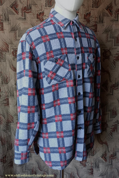 Vintage Mens 1960s Romanian Work Shirt Grey Red Black Checked Plaid Cotton Flannel M
