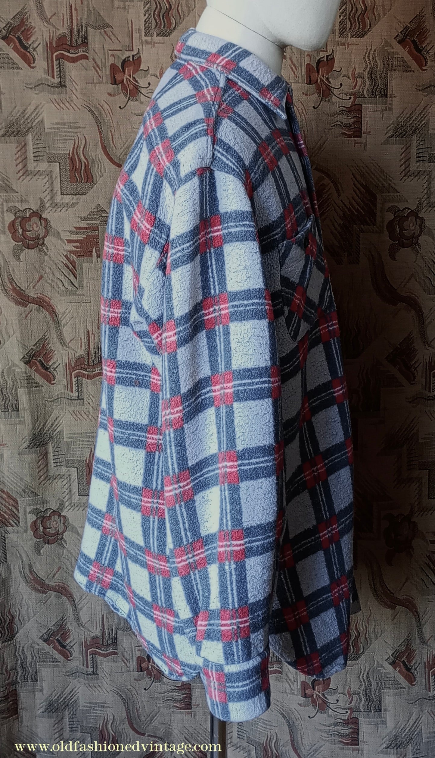 Vintage Mens 1960s Romanian Work Shirt Grey Red Black Checked Plaid Cotton Flannel M