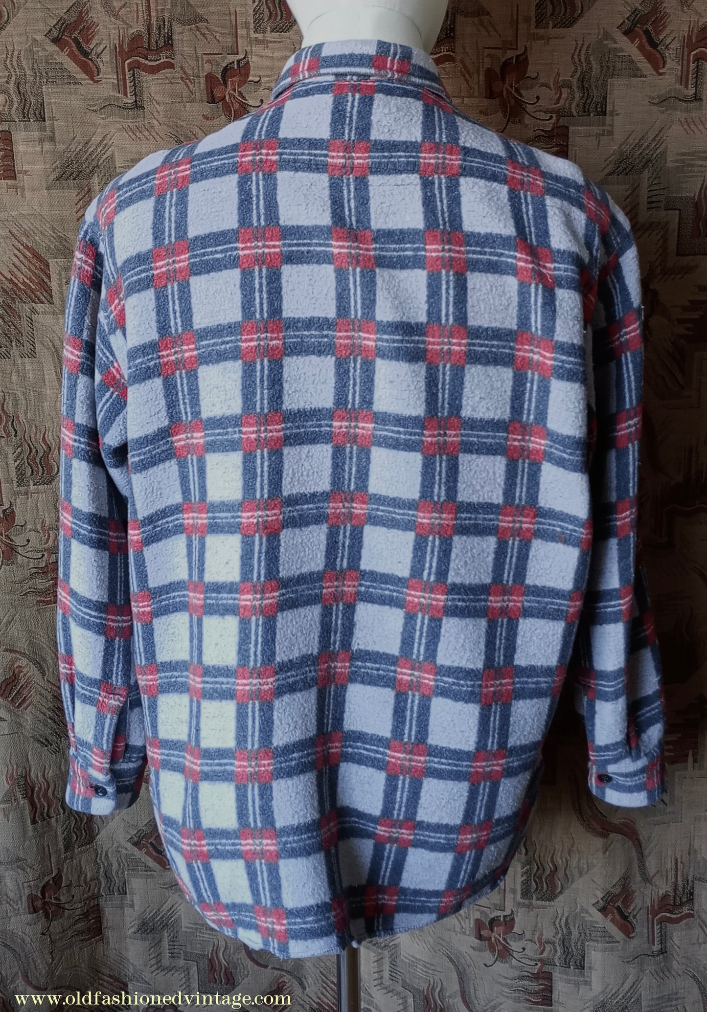 Vintage Mens 1960s Romanian Work Shirt Grey Red Black Checked Plaid Cotton Flannel M