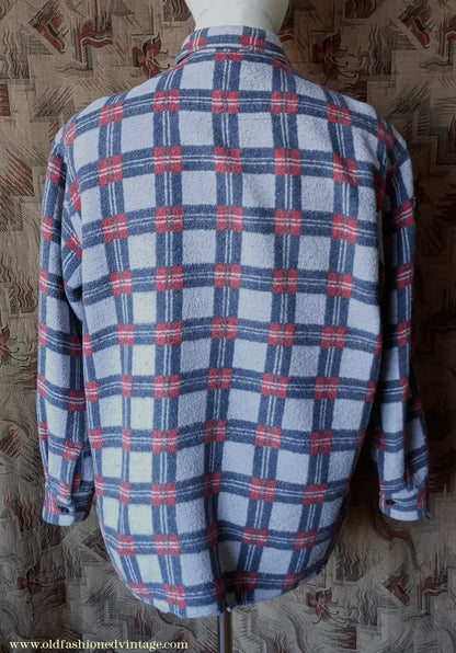 Vintage Mens 1960s Romanian Work Shirt Grey Red Black Checked Plaid Cotton Flannel M