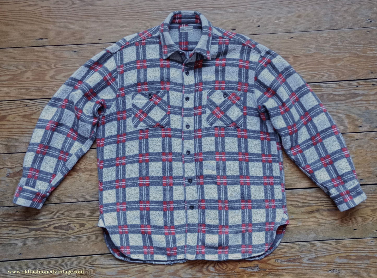 Vintage Mens 1960s Romanian Work Shirt Grey Red Black Checked Plaid Cotton Flannel M