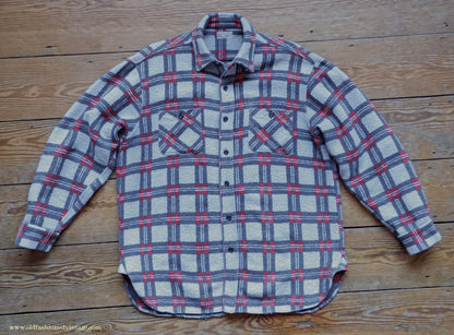 Vintage Mens 1960s Romanian Work Shirt Grey Red Black Checked Plaid Cotton Flannel M
