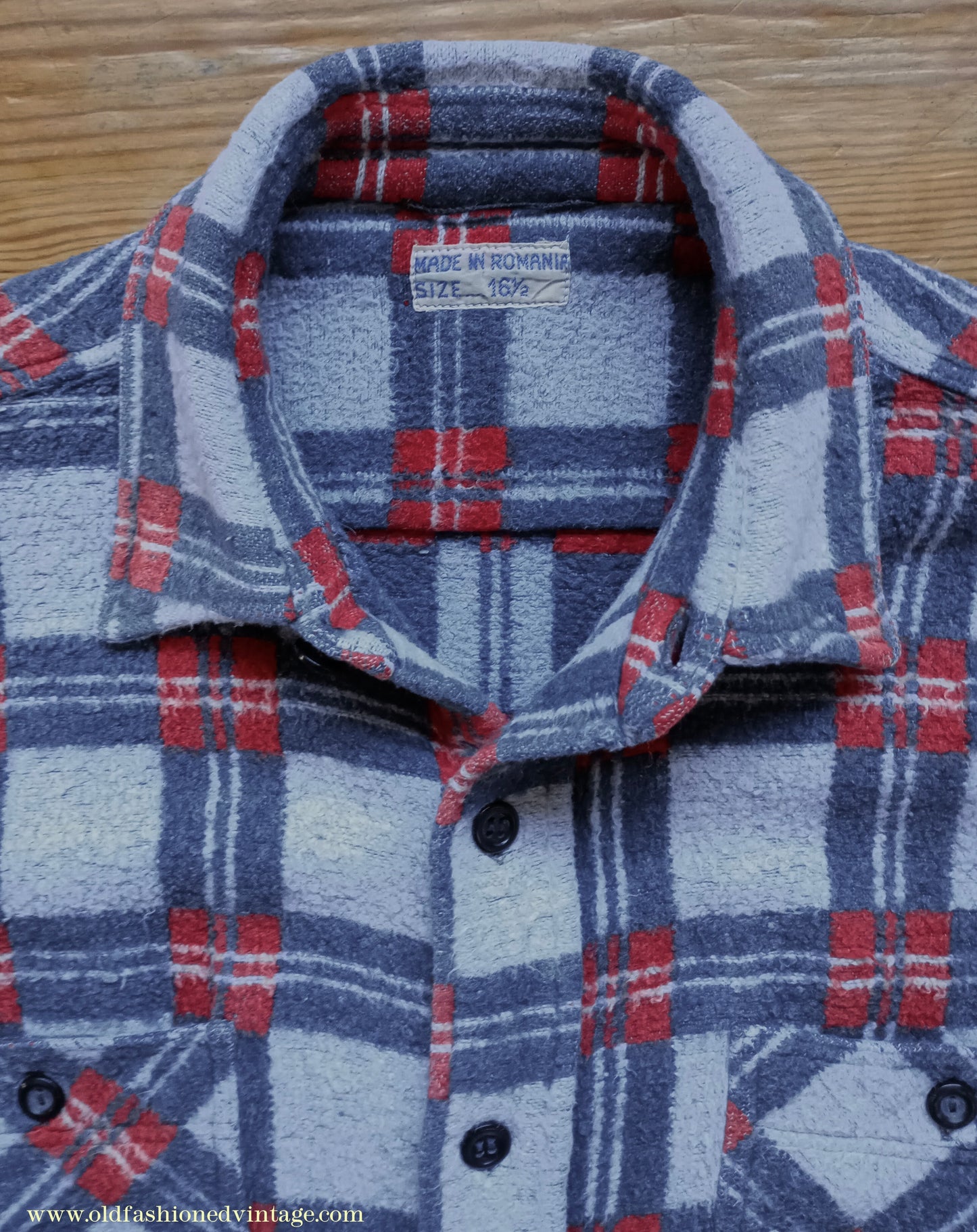 Vintage Mens 1960s Romanian Work Shirt Grey Red Black Checked Plaid Cotton Flannel M