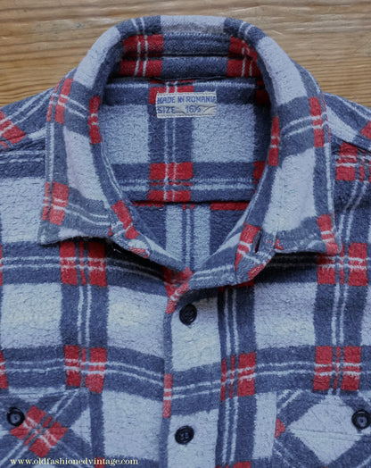 Vintage Mens 1960s Romanian Work Shirt Grey Red Black Checked Plaid Cotton Flannel M