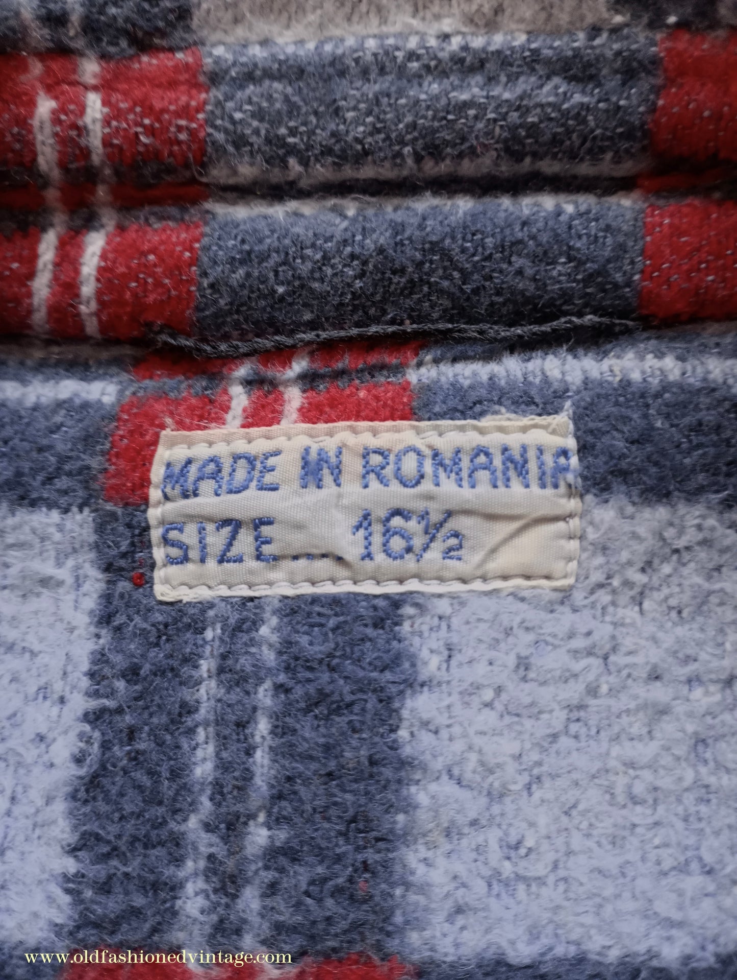 Vintage Mens 1960s Romanian Work Shirt Grey Red Black Checked Plaid Cotton Flannel M