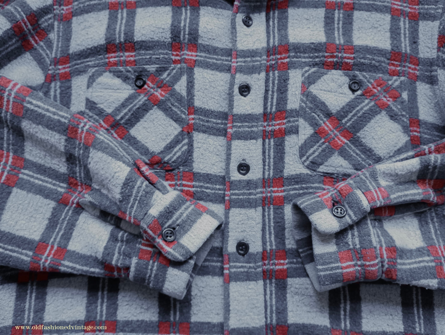 Vintage Mens 1960s Romanian Work Shirt Grey Red Black Checked Plaid Cotton Flannel M