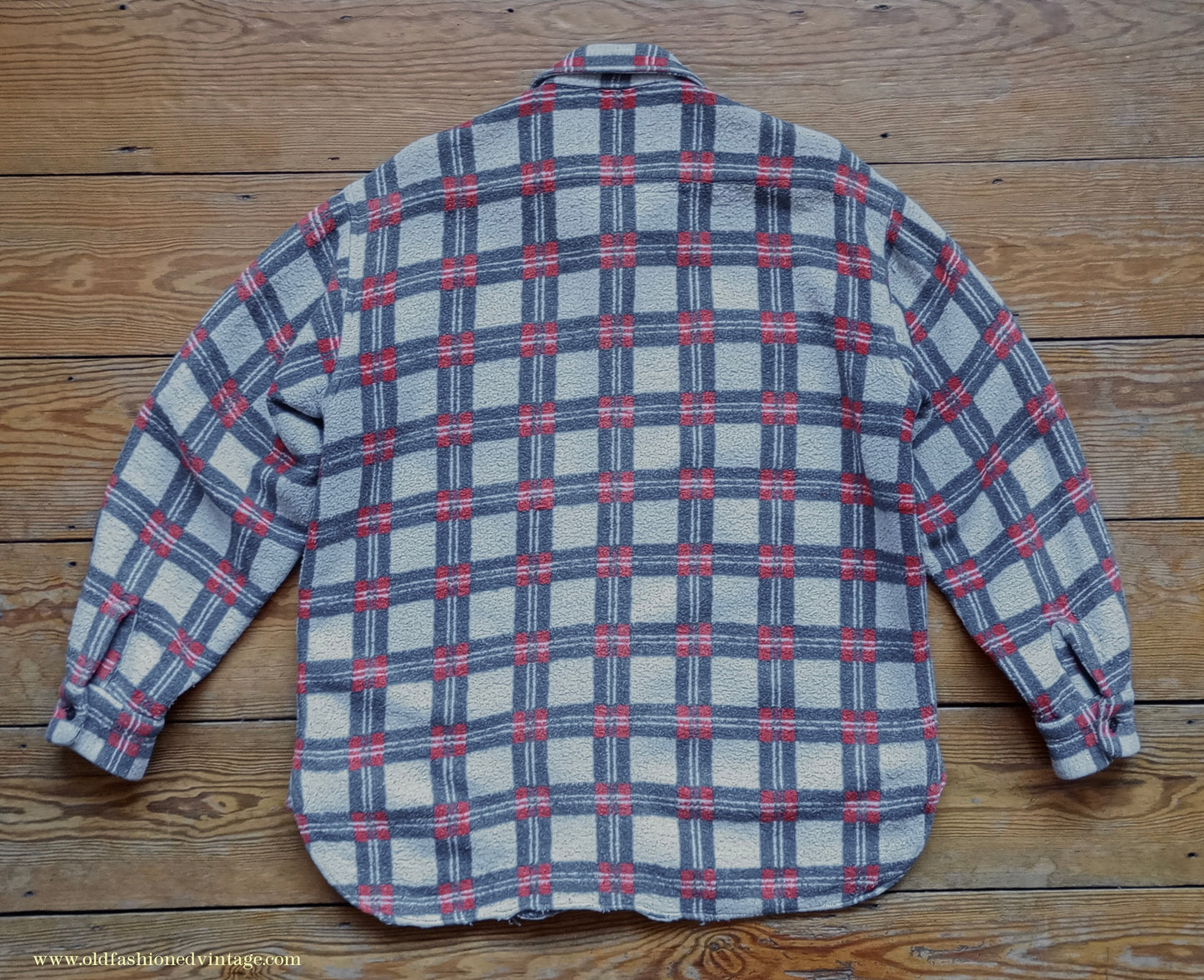 Vintage Mens 1960s Romanian Work Shirt Grey Red Black Checked Plaid Cotton Flannel M