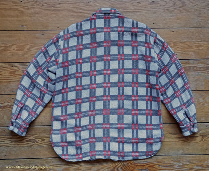 Vintage Mens 1960s Romanian Work Shirt Grey Red Black Checked Plaid Cotton Flannel M