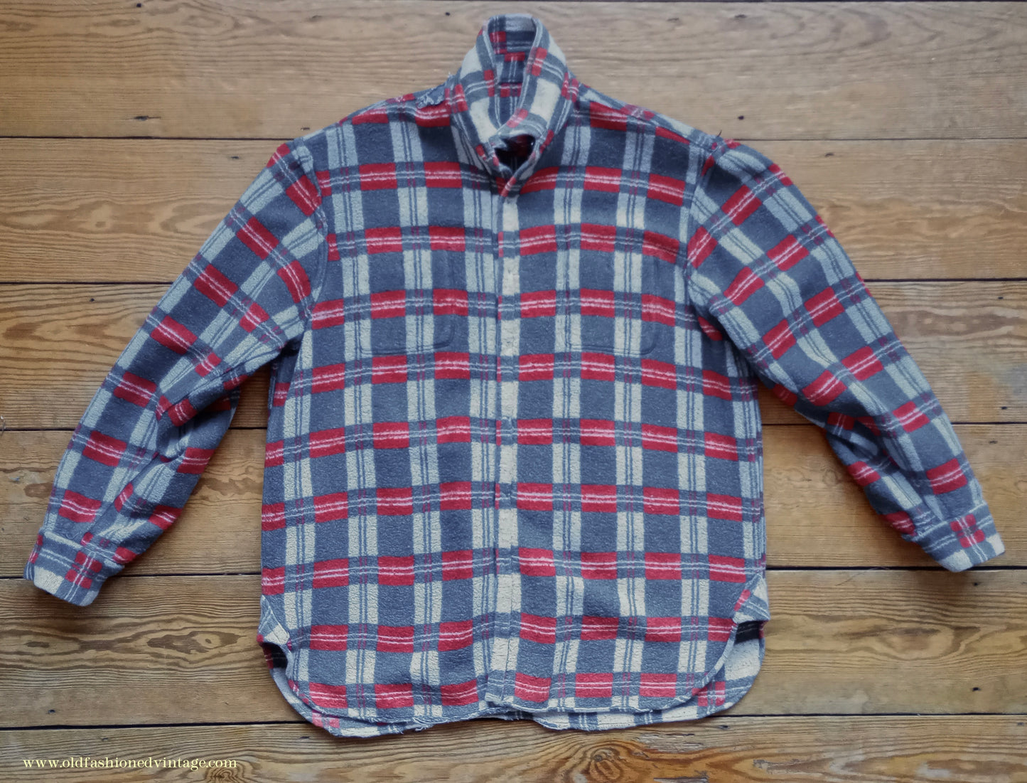 Vintage Mens 1960s Romanian Work Shirt Grey Red Black Checked Plaid Cotton Flannel M