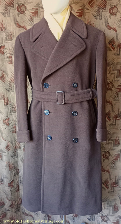 Vintage 1940s Mens Double Breasted Overcoat Coat Brown Herringbone Crombie Wool DB Belted 38"