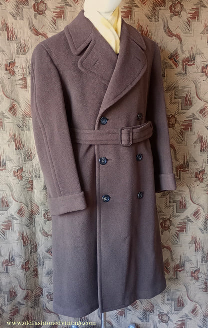Vintage 1940s Mens Double Breasted Overcoat Coat Brown Herringbone Crombie Wool DB Belted 38"