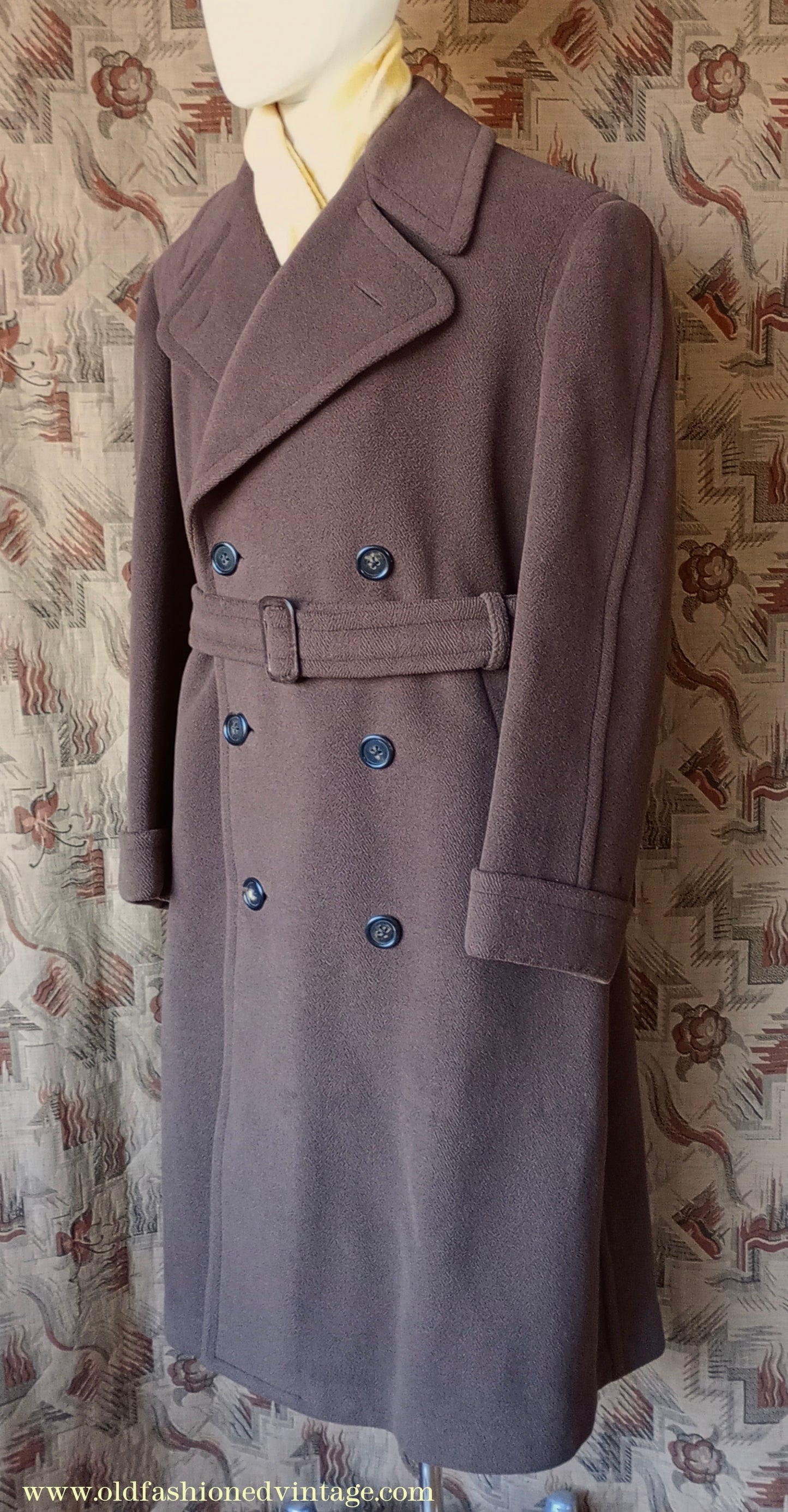 Vintage 1940s Mens Double Breasted Overcoat Coat Brown Herringbone Crombie Wool DB Belted 38"