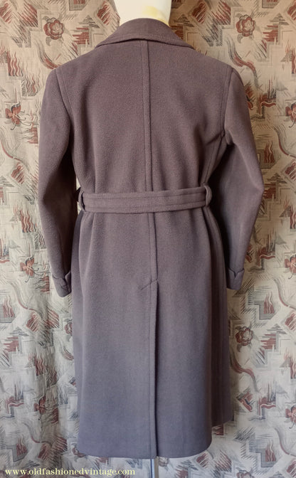 Vintage 1940s Mens Double Breasted Overcoat Coat Brown Herringbone Crombie Wool DB Belted 38"