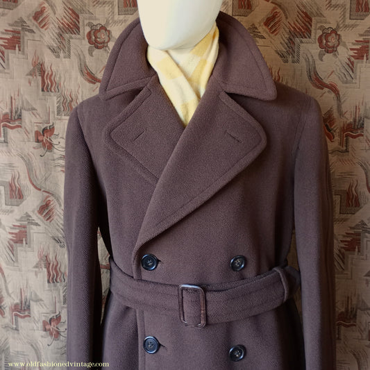 Vintage 1940s Mens Double Breasted Overcoat Coat Brown Herringbone Crombie Wool DB Belted 38"