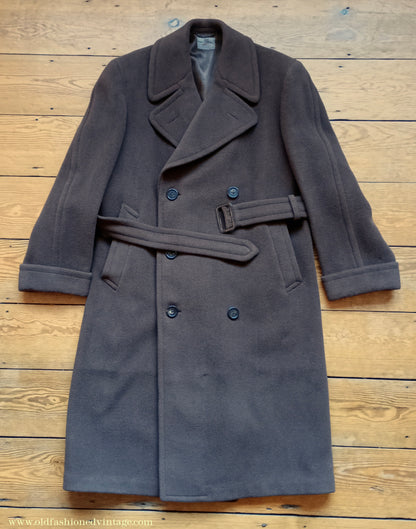 Vintage 1940s Mens Double Breasted Overcoat Coat Brown Herringbone Crombie Wool DB Belted 38"