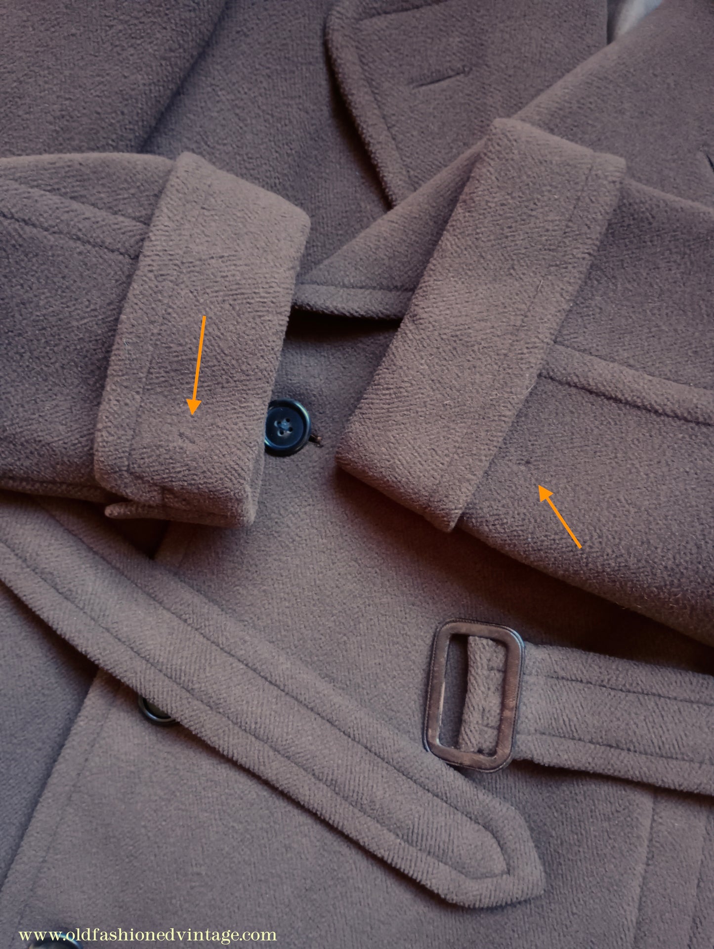 Vintage 1940s Mens Double Breasted Overcoat Coat Brown Herringbone Crombie Wool DB Belted 38"