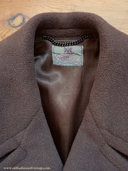 Vintage 1940s Mens Double Breasted Overcoat Coat Brown Herringbone Crombie Wool DB Belted 38"