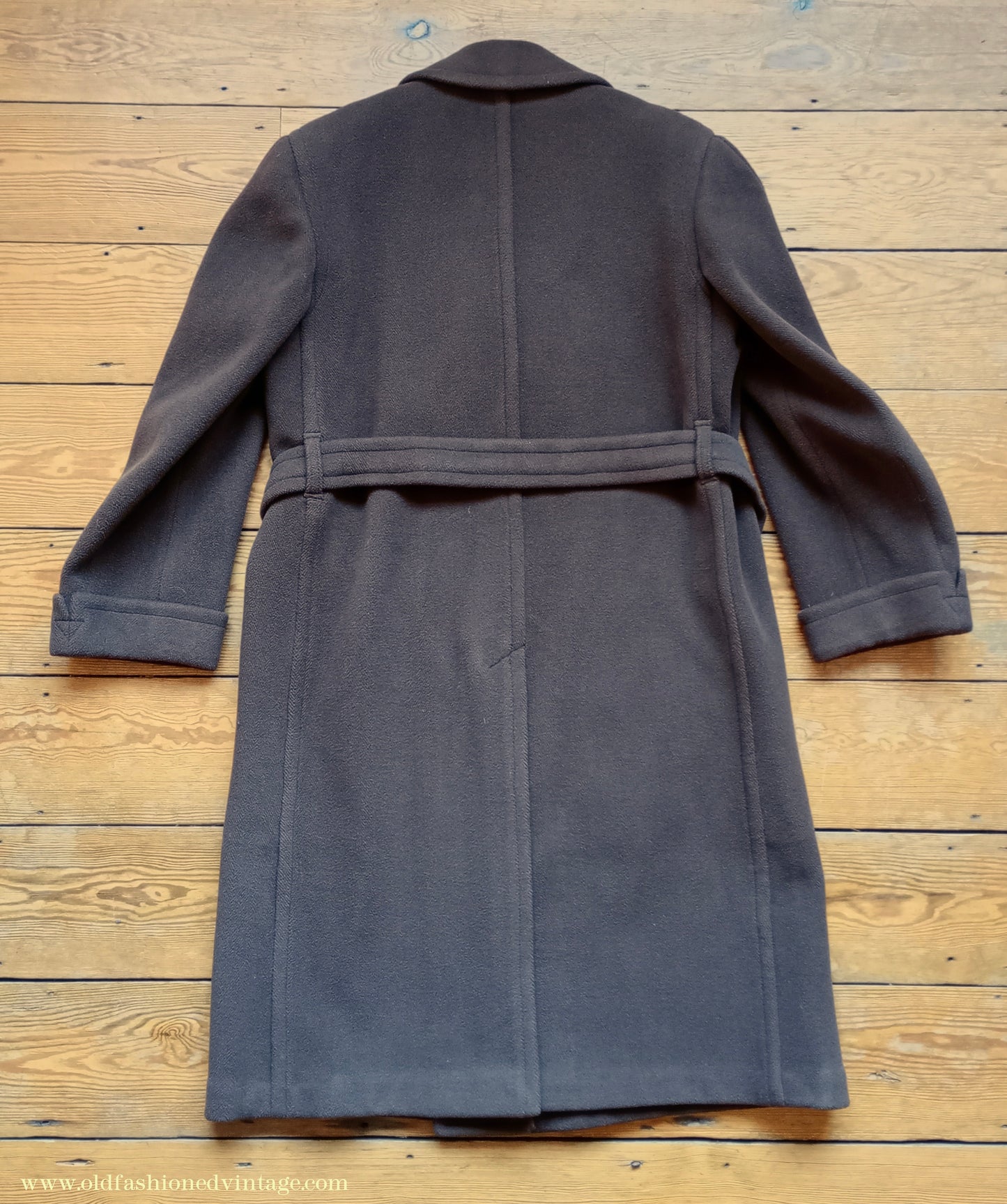 Vintage 1940s Mens Double Breasted Overcoat Coat Brown Herringbone Crombie Wool DB Belted 38"