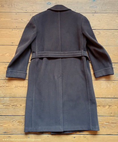 Vintage 1940s Mens Double Breasted Overcoat Coat Brown Herringbone Crombie Wool DB Belted 38"
