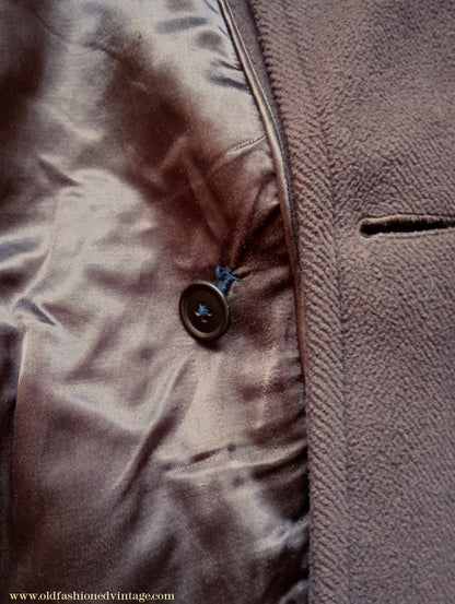 Vintage 1940s Mens Double Breasted Overcoat Coat Brown Herringbone Crombie Wool DB Belted 38"
